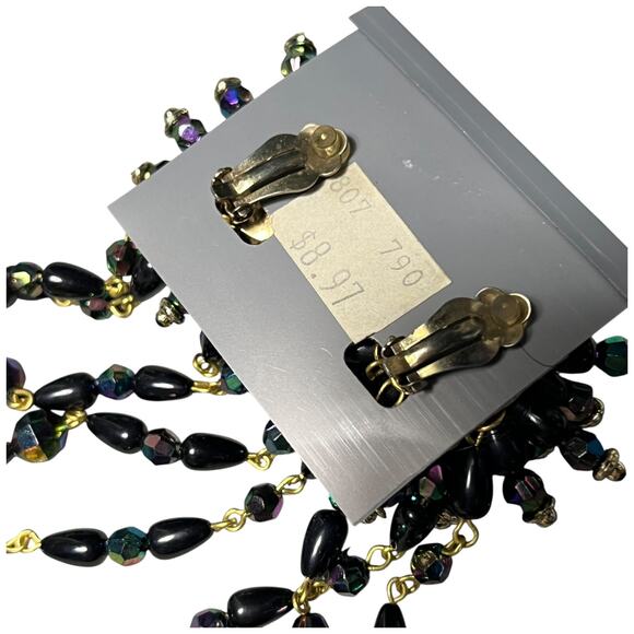 Black Iridescent Chandelier Clip On Earrings Vintage Statement - Picture 5 of 12